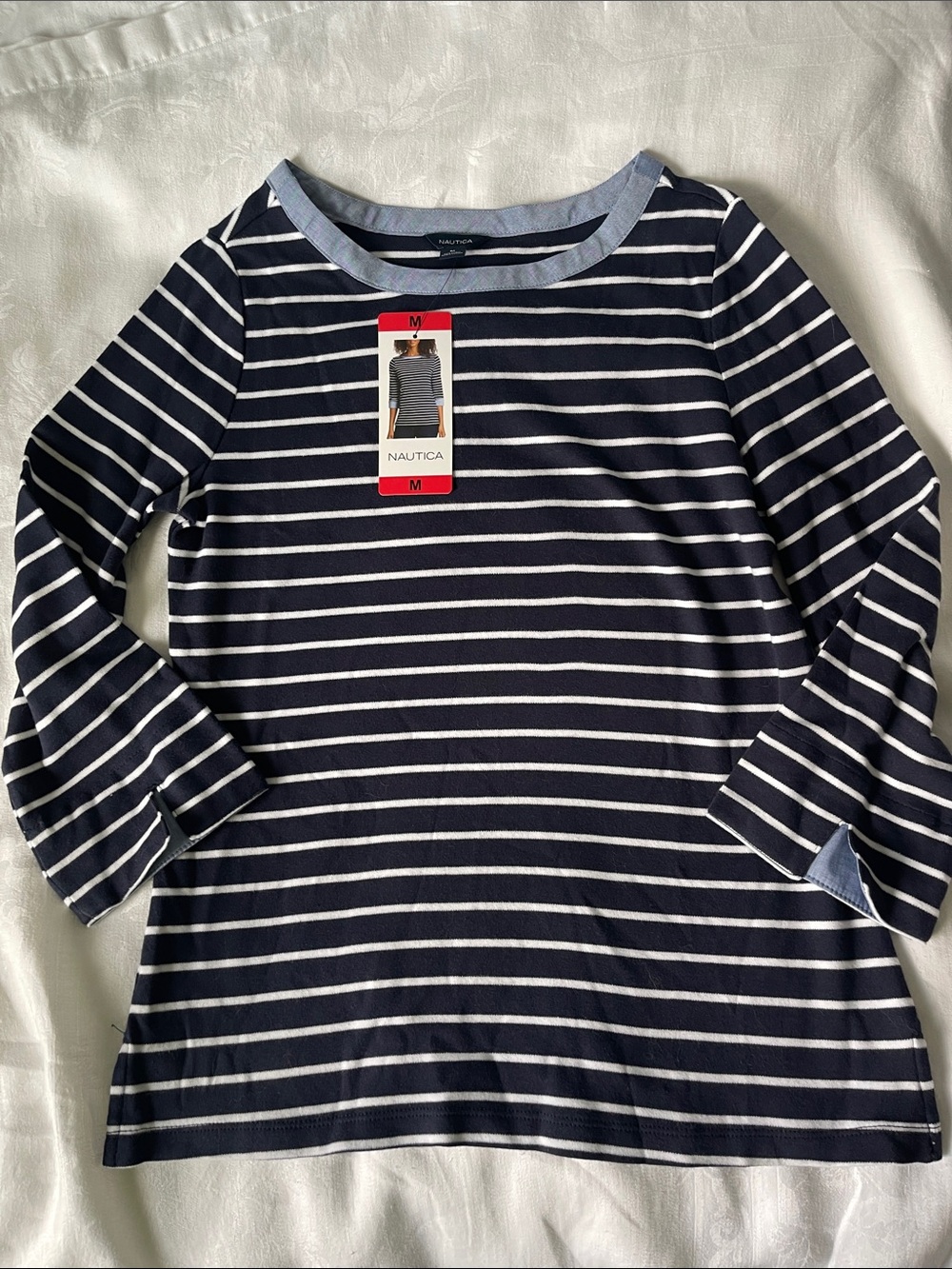 Nautica Navy & White Striped Boatneck Shirt with Chambray Trim